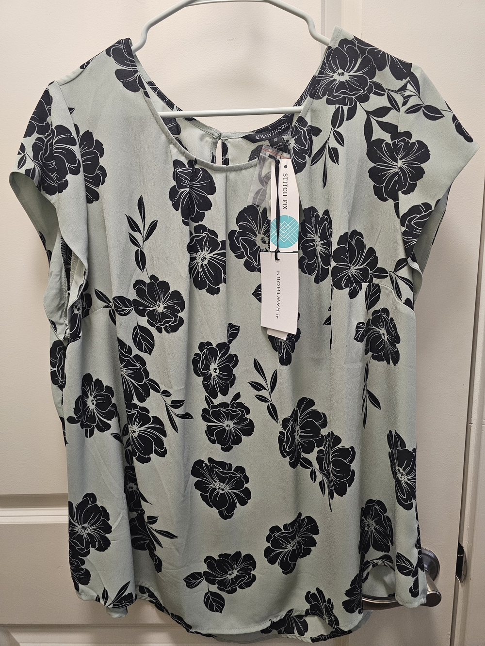 41 Hawthorn Mint Green Short Sleeve Blouse with Black Floral Print